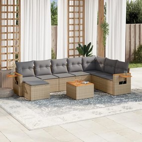 9 pcs conjunto de sofás p/ jardim com almofadões vime PE bege