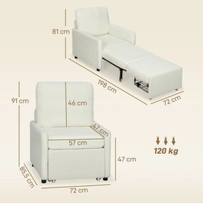 Poltrona-Cama Convertível de 1 Lugar, 85,5 x 72 x 91 cm, Arrumação Escondida, Creme