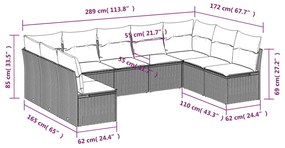 9 pcs conjunto de sofás p/ jardim com almofadões vime PE bege