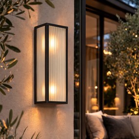Candeeiro de parede exterior preto com vidro canelado 2 luzes IP44 - Charlois