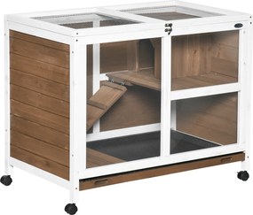 PawHut Coelheira de Madeira com Rodas 91,5x53,5x73cm Gaiola para Coelhos de 2 Níveis com Bandeja Amovível e Rampa Marrom | Aosom Portugal