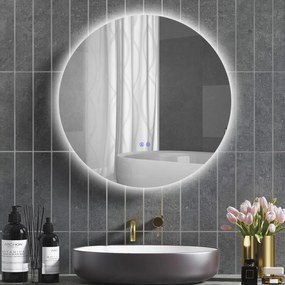 Espelho redondo de casa de banho com iluminação LED, Ø 80 cm, de parede, com interruptor tátil e sistema antiembaciamento branco, prateado
