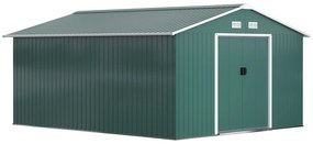 Outsunny Abrigo de Jardim Metálico 3,4x3,9x2m Abrigo de Exterior para Armazenamento de Ferramentas com Base Incluida 4 Janelas Verde | AOSOM Portugal