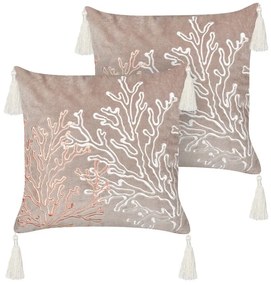 Conjunto de 2 almofadas decorativas com motivo coral em veludo taupe 45 x 45 cm MAZZAELLA Beliani
