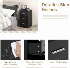Conjunto de 2 mesas cabeçeira 38 x 35 x 66 cm com estação de carregamento, 3 gavetas pretas