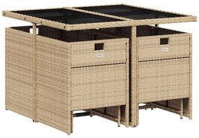 9 pcs conjunto de jantar p/ jardim com almofadões vime PE bege