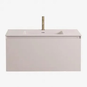 Conjunto De Móvel De Casa De Banho Suspenso Em Madeira Com Lavatório Integrado Macrae Crema Linho & Sem Espelho & Dourado Escovado ↑20 Cm Com Válvula