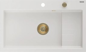 Mexen Omar lava-louça de granito de 1 bacia 800 x 480 mm, branco, sifão dourado - 6520801005-20-G