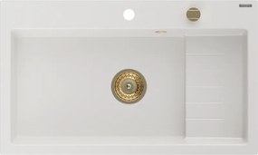 Mexen Omar lava-louça de granito de 1 bacia 800 x 480 mm, branco, sifão dourado - 6520801005-20-G