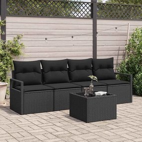 Conjunto de Sofá de Jardim com 5 Peças e Almofadas Pretas em Rattan de