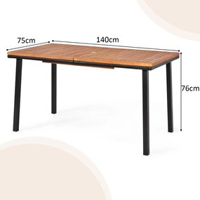 Mesa Jardim de madeira de Acácia Quadro de aço de mesa com buraco para guarda-sol Piscina Exterior 140 x 75 x 76 cm Natural