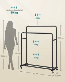 Guarda roupa cabideiro 46,5 x 110 x 155,5 cm com rodas para armazenamento flexível, Preto