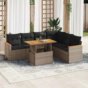 7 pcs conjunto sofás jardim almofadões vime PE/acácia cinzento