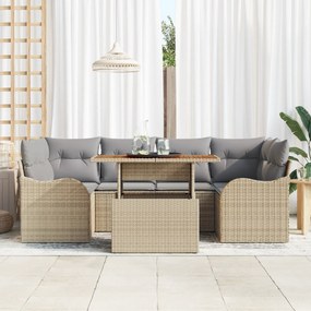 Conjunto de Sofá de Jardim de 7 Peças com Almofadas Bege em Vime Polié