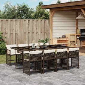 vidaXL 9 pcs conjunto jantar p/ jardim c/ almofadões vime PE castanho