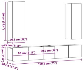 Conjunto de armário TV de parede 5 pcs madeira madeira velha