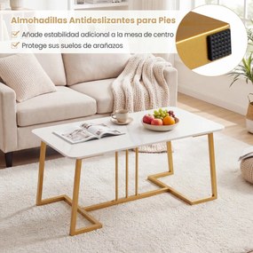 Mesa centro com tampo em pedra Sierra Nevada estilo mármore e estrutura dourada, 90 x 50 x 41,5 cm Branco + Dourado