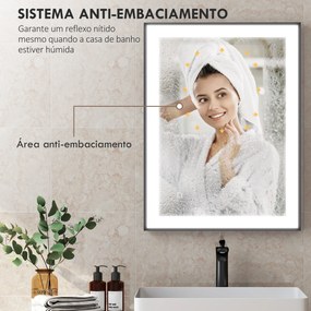 Espelho Casa de Banho com Luz LED 80x60 cm Iluminação Ajustável Função Anti-Embaciamento Função Memória Preto