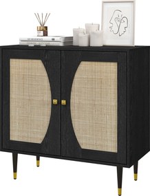 Aparador de cozinha com design boémio, duas portas e dois níveis, frente em rattan, 80 x 38 x 79 cm, preto