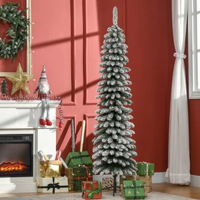 Árvore de Natal Estreita Nevada 180 cm com 395 Ramos e Suporte Metálico Dobrável para Sala de Estar, Interior, Verde