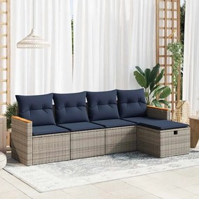 5 pcs conjunto sofás de jardim c/ almofadões vime PE cinzento