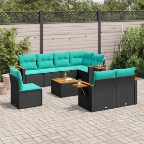 9 pcs conjunto de sofás p/ jardim c/ almofadões vime PE preto
