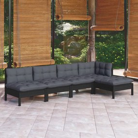 vidaXL 5 pcs conjunto lounge de jardim c/ almofadões pinho preto