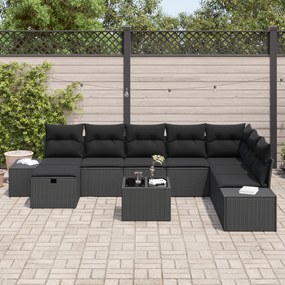 Conjunto de Sofá de Jardim de 9 Peças com Almofadas Preto Vime PE