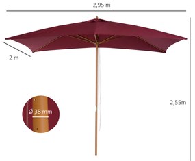 Outsunny Chapéu de Sol de Jardim com Sistema de Polia Teto Ventilado e Mastro de Madeira para Terraço Pátio Exterior 2,95x2x2,55m Vinho