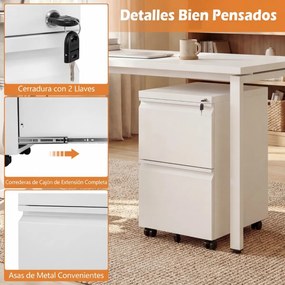 Armário de arquivo escritório móvel com 2 gavetas 44 x 37 x 67 cm, fechadura e 5 rodas, em metal, para arquivos de tamanho Carta, A4 e Legal, para esc
