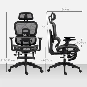 Cadeira de escritório, cadeira de escritório ergonómica em malha com braços 3D, encosto reclinável, 66 x 64 x 122 cm, preta