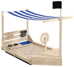 Outsunny Caixa de Areia para Crianças de Madeira com Toldo Brinquedos de Cozinha e Forma de Barco para Jardim 180x103x144,5 cm Natural