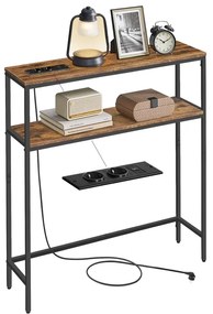 Mesa consola com prateleiras 20 x 80 x 80 cm com 2 tomadas CA, 1 porta USB-A e 1 porta USB-C Castanho vintage-Preto