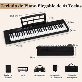 Teclado musical dobrável de 61 teclas, piano eletrónico com fones de ouvido e pedal portátil com bolsa para iniciantes Preto