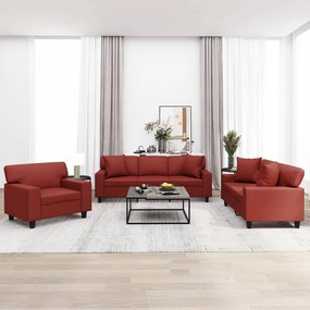 vidaXL 3 pcs conjunto sofás c/ almofadões couro artif. vermelho tinto