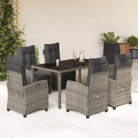 7 pcs conjunto de jantar p/ jardim c/ almofadões vime PE cinza
