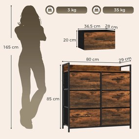 Cômoda, móvel de arrumação para quarto 6 gavetas tecido não tecido estrutura em aço, 80 x 29 x 85 cm, efeito madeira mogno