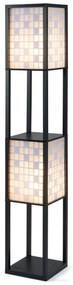 Candeeiro de pé 26 x 26 x 156 cm com 2 luzes e prateleiras de madeira com 2 abajures com padrões recortados Luz independente com puxador preto