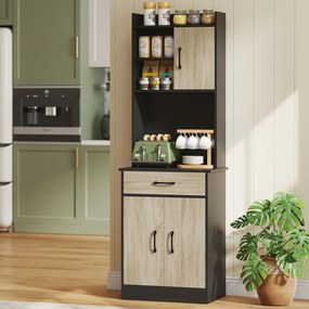 Armário alto de cozinha 60 x 40 x 180 cm, com gaveta, 3 portas, prateleiras abertas, bancada, efeito de madeira natural e preto