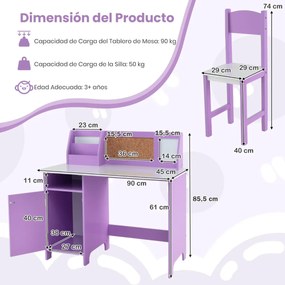 Conjunto de secretária e cadeira para crianças com quadro negro, marcador, prateleira e armário Púrpura