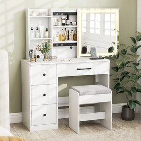 Toucador com espelho 96 x 40 x 135 cm e luzes e banco com 4 gavetas e prateleiras de armazenamento com luz ajustável Branco