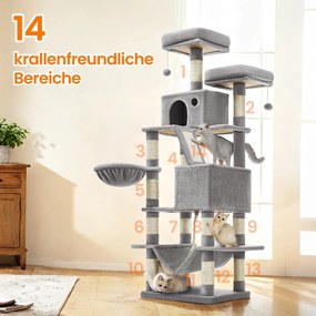 Arranhador para gatos 55 x 45 x 168 cm com 2 cavernas cinza claro