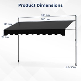 Toldo retrátil manual 3 m x 180 cm Sombra exterior ajustável sem perfuração com manivela para pátio, varanda, jardim Preto