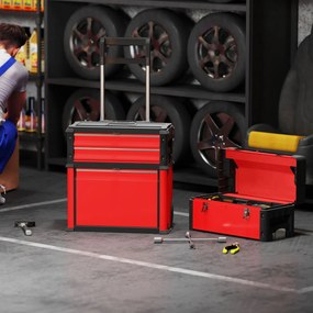 Conjunto de 3 caixas de ferramentas com rodas, empilháveis e modulares, em aço, com tabuleiro, pegas e fechadura, vermelhas