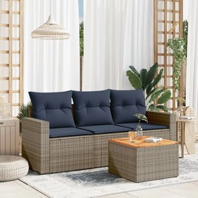 4 pcs conjunto sofás p/ jardim c/ almofadões vime PE cinzento