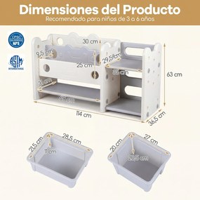 Organizador de brinquedos 2 em 1 com estante de 4 caixas e 3 prateleiras 114 x 36,5 x 63 cm, com tema de gatos, para quarto, sala de estar ou quarto d