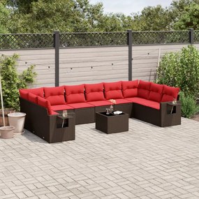 vidaXL 11 pcs conjunto sofás de jardim c/ almofadões vime PE castanho