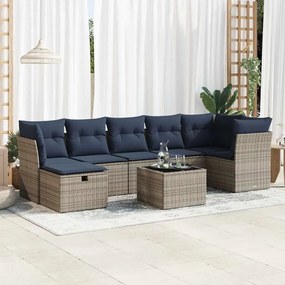8 pcs conjunto sofás de jardim c/ almofadões vime PE cinzento