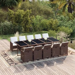 vidaXL 11 pcs conjunto jantar p/ jardim c/ almofadões vime PE castanho