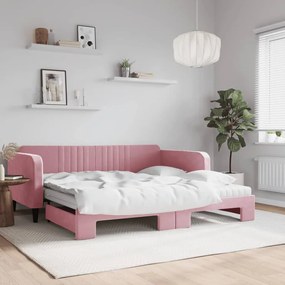 vidaXL Sofá-cama com gavetão e colchões 100x200 cm veludo rosa